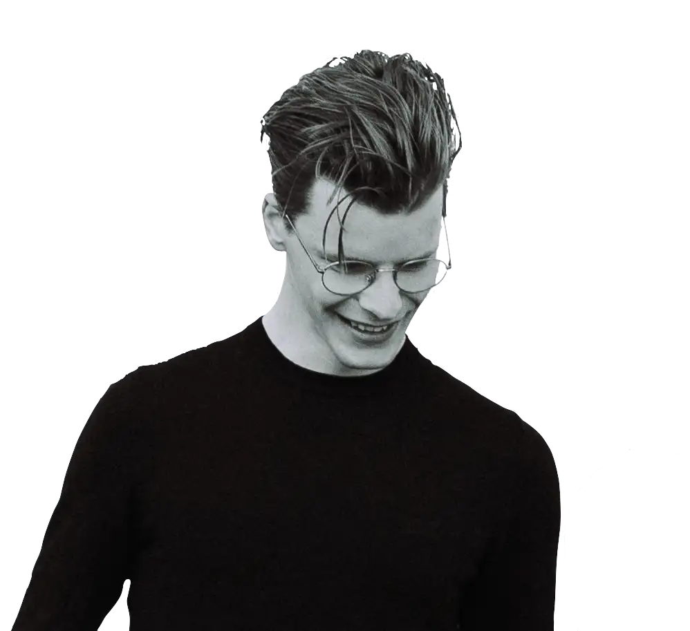 Joram looking down in black and white as icons representing his skills are revolving around his head